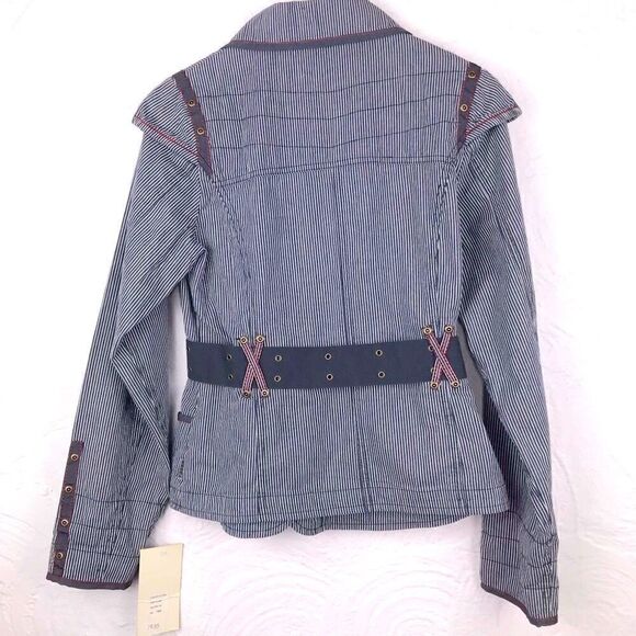 NEW Reset Europe Pinstriped Navy long sleeve Structured Canvas Coat - Picture 2 of 8